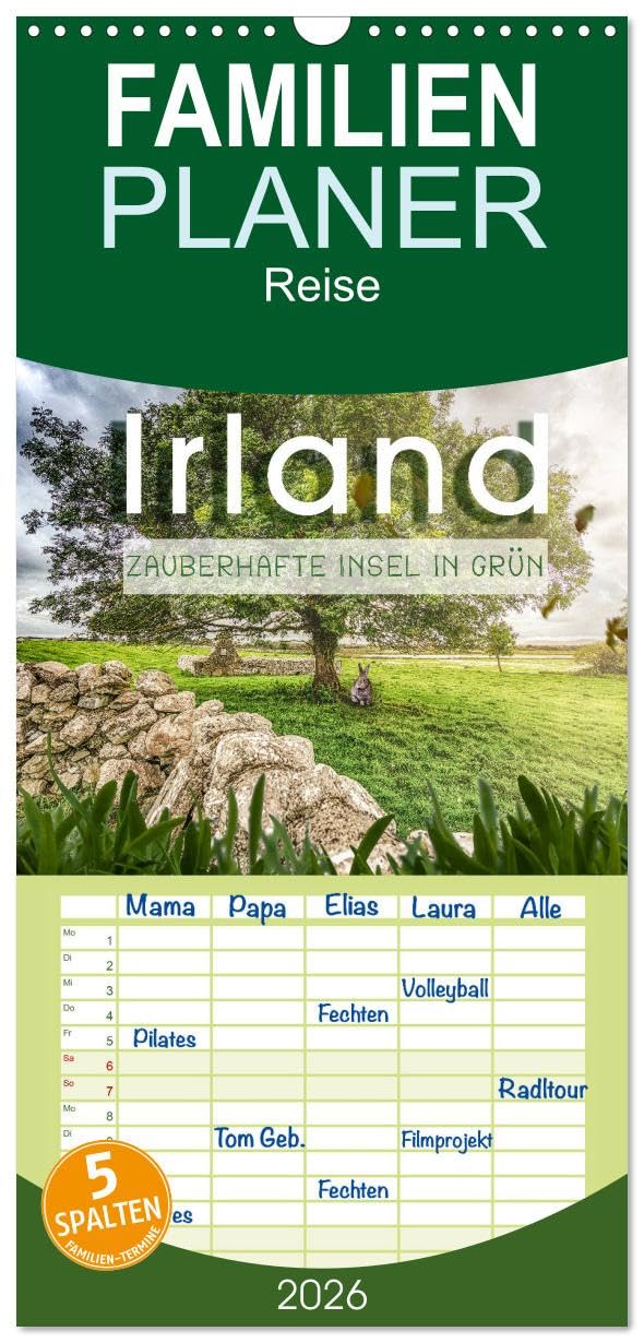 Familienplaner 2026 - Irland - Zauberhafte Insel in grün mit 5 Spalten (Wandkalender, 21 cm x 45 cm), CALVENDO Photography