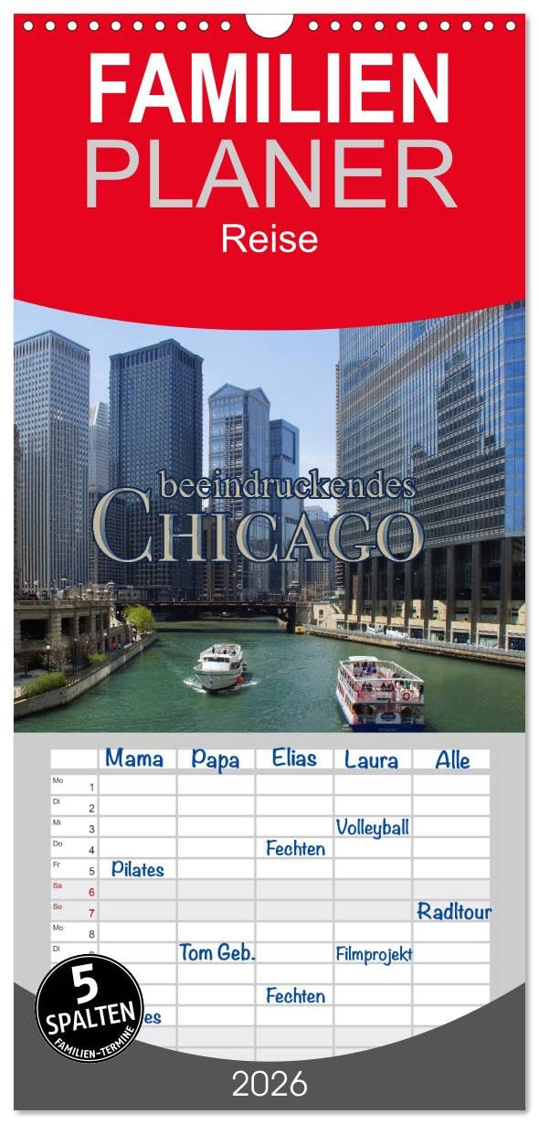 Familienplaner 2026 - beeindruckendes Chicago mit 5 Spalten (Wandkalender, 21 cm x 45 cm), CALVENDO Leisure, Home & Garden