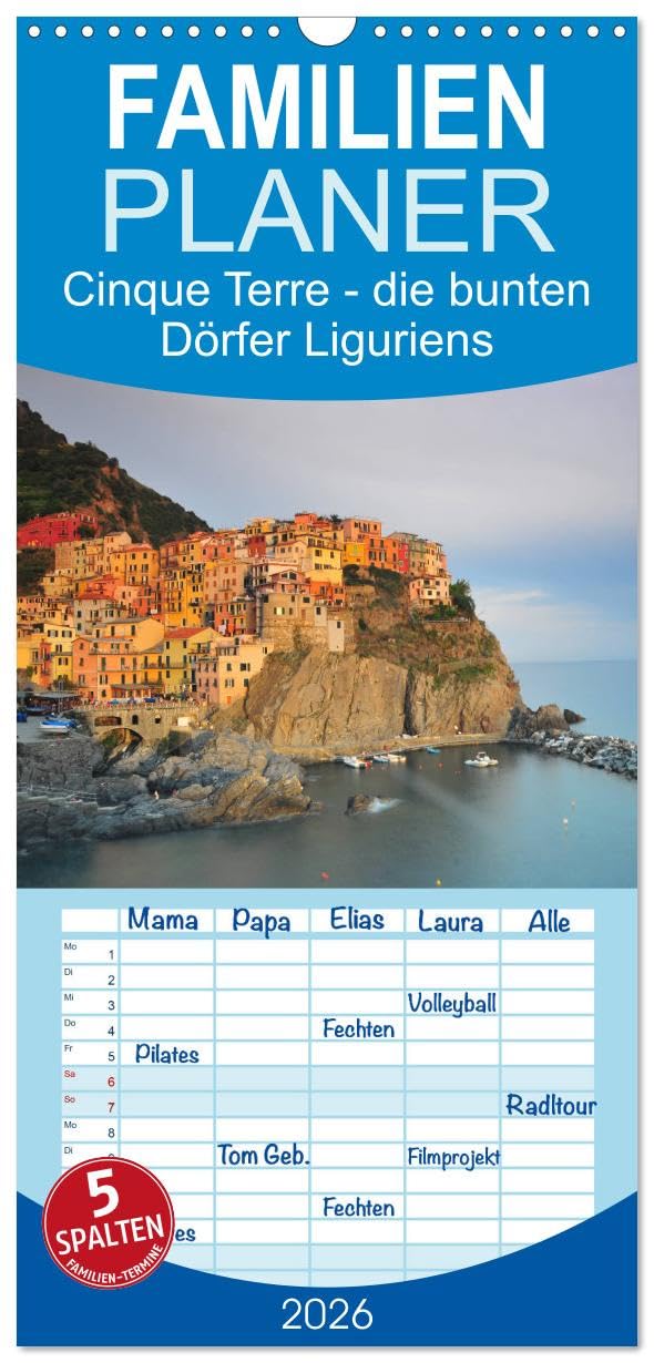 Familienplaner 2026 - Cinque Terre - die bunten Dörfer Liguriens mit 5 Spalten (Wandkalender, 21 cm x 45 cm), CALVENDO Film, Art & Culture