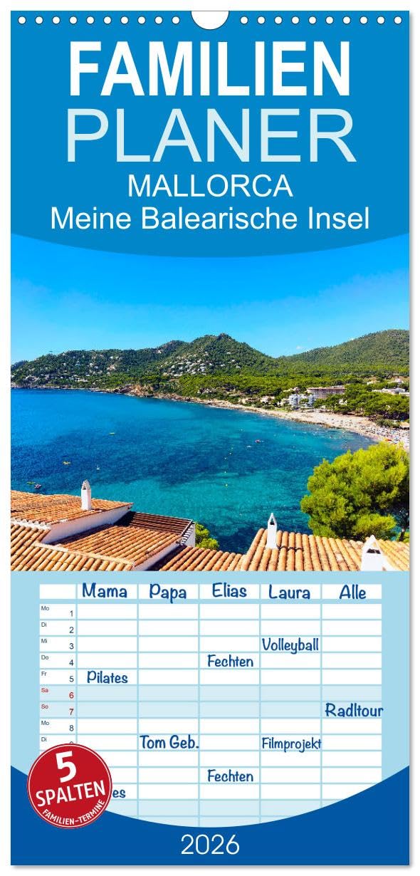 Familienplaner 2026 - MALLORCA, Meine Balearische Insel mit 5 Spalten (Wandkalender, 21 cm x 45 cm), CALVENDO Leisure, Home & Garden