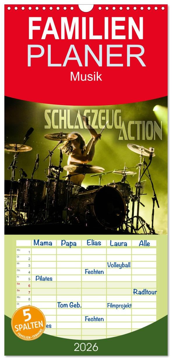 Familienplaner 2026 - Schlagzeug Action mit 5 Spalten (Wandkalender, 21 cm x 45 cm), CALVENDO Film, Art & Culture