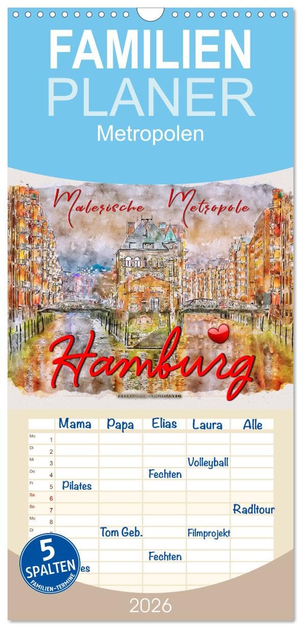 Familienplaner 2026 - Hamburg - malerische Metropole mit 5 Spalten (Wandkalender, 21 cm x 45 cm), CALVENDO Living & Furnishing