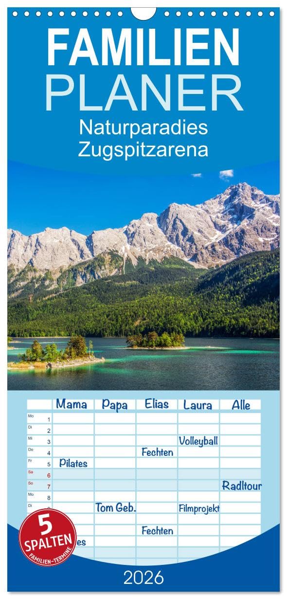 Familienplaner 2026 - Naturparadies Zugspitzarena mit 5 Spalten (Wandkalender, 21 cm x 45 cm), CALVENDO Photography
