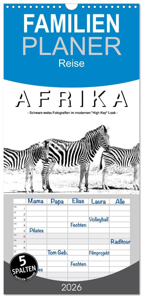 Familienplaner 2026 - AFRIKA - Schwarz-weiss Fotografien im modernen "High Key" Look mit 5 Spalten (Wandkalender, 21 cm x 45 cm), CALVENDO Social Sciences