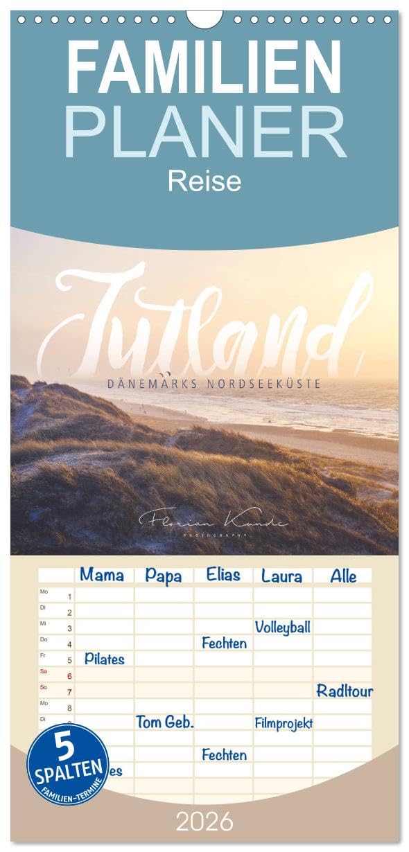 Familienplaner 2026 - Jutland - Dänemarks Nordseeküste mit 5 Spalten (Wandkalender, 21 cm x 45 cm), CALVENDO Calendars
