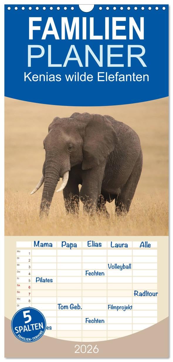 Familienplaner 2026 - Kenias wilde Elefanten mit 5 Spalten (Wandkalender, 21 cm x 45 cm), CALVENDO Natural Sciences