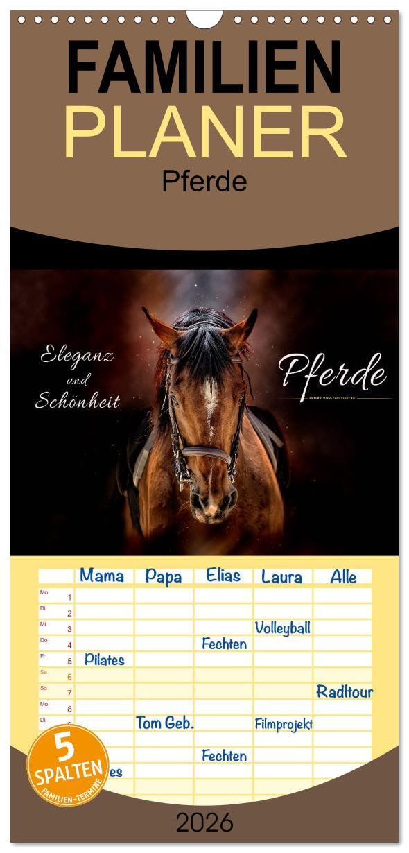 Familienplaner 2026 - Eleganz und Schönheit - Pferde mit 5 Spalten (Wandkalender, 21 cm x 45 cm), CALVENDO Living & Furnishing