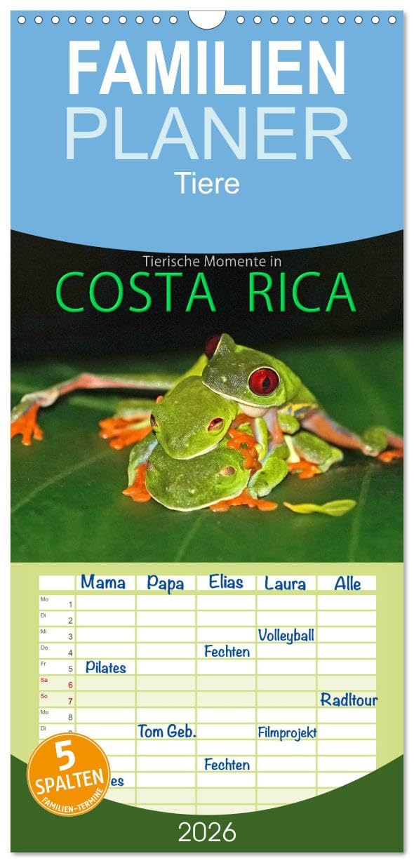 Familienplaner 2026 - COSTA RICA - Tierische Momente mit 5 Spalten (Wandkalender, 21 cm x 45 cm), CALVENDO Natural Sciences