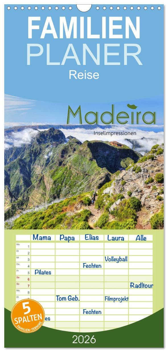 Familienplaner 2026 - Wildes Madeira - Inselimpressionen mit 5 Spalten (Wandkalender, 21 cm x 45 cm), CALVENDO Leisure, Home & Garden