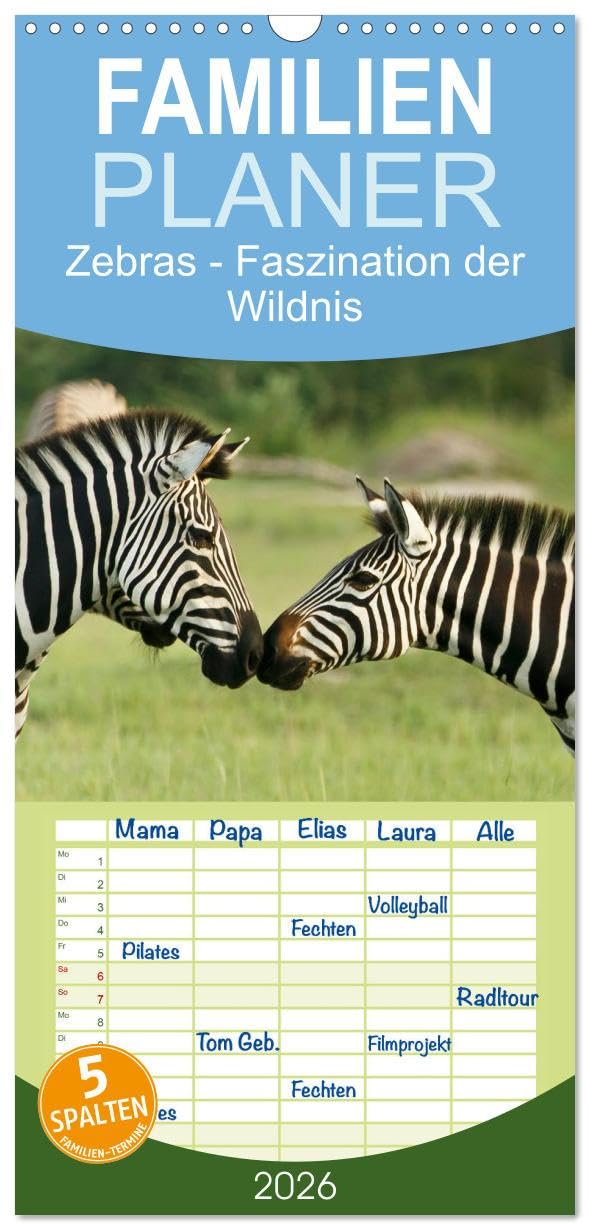 Familienplaner 2026 - Zebras - Faszination der Wildnis mit 5 Spalten (Wandkalender, 21 cm x 45 cm), CALVENDO Living & Furnishing