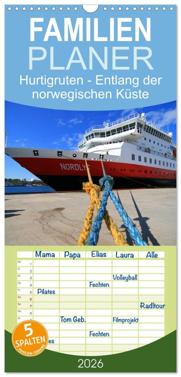 Familienplaner 2026 - Hurtigruten - Entlang der norwegischen Küste mit 5 Spalten (Wandkalender, 21 cm x 45 cm), CALVENDO Leisure, Home & Garden
