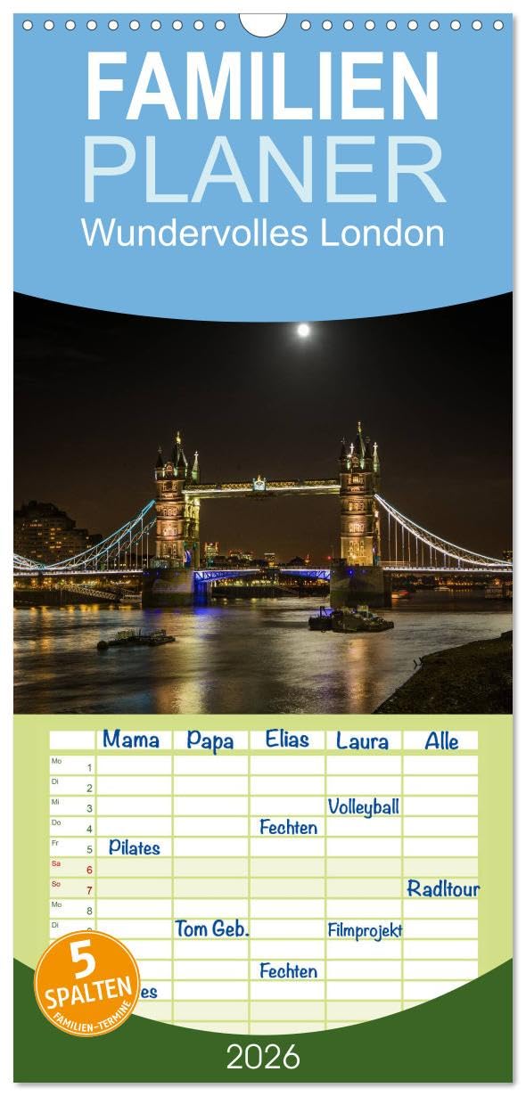 Familienplaner 2026 - Wundervolles London mit 5 Spalten (Wandkalender, 21 cm x 45 cm), CALVENDO Leisure, Home & Garden