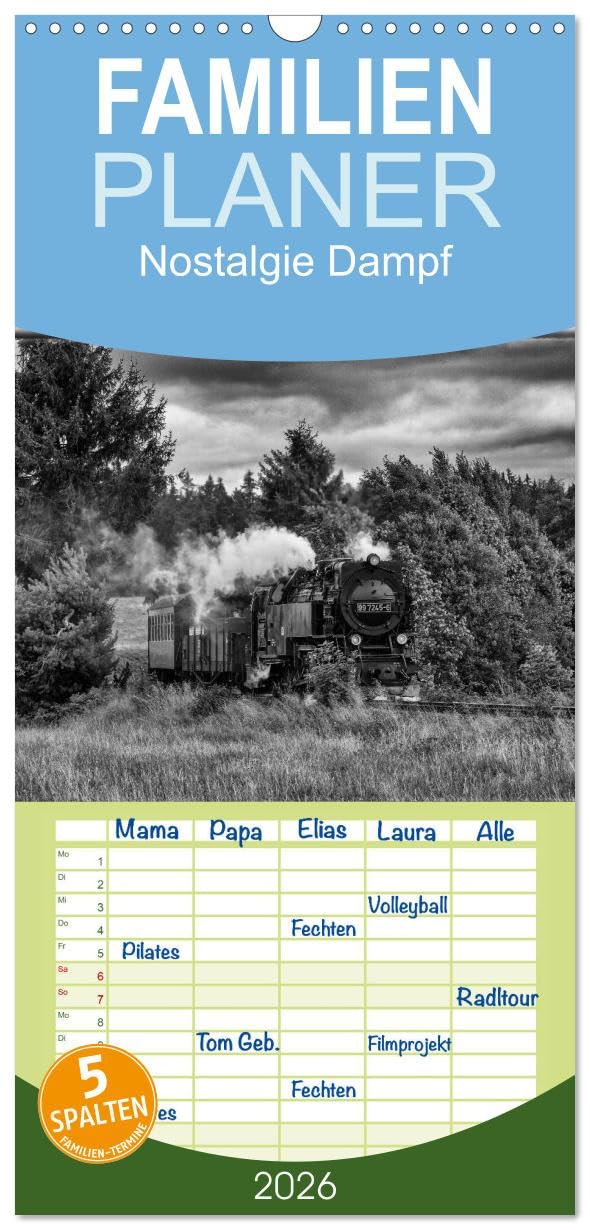 Familienplaner 2026 - Nostalgie Dampf mit 5 Spalten (Wandkalender, 21 cm x 45 cm), CALVENDO Living & Furnishing