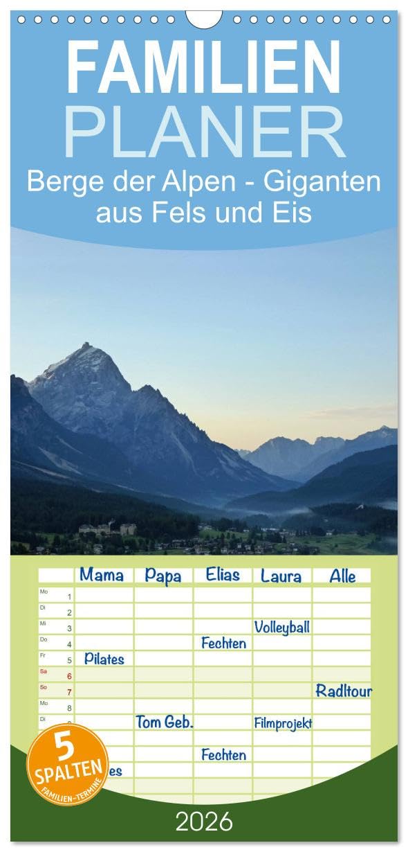 Familienplaner 2026 - Berge der Alpen - Giganten aus Fels und Eis mit 5 Spalten (Wandkalender, 21 cm x 45 cm), CALVENDO Film, Art & Culture