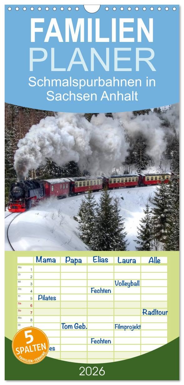 Familienplaner 2026 - Schmalspurbahnen in Sachsen Anhalt mit 5 Spalten (Wandkalender, 21 cm x 45 cm), CALVENDO Photography