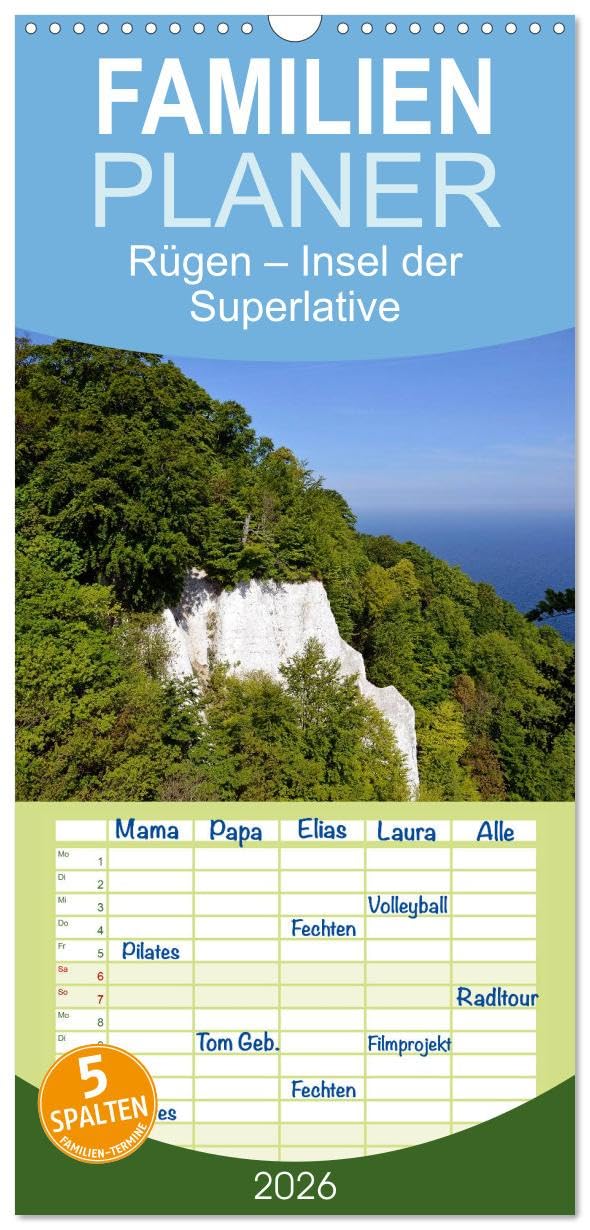 Familienplaner 2026 - Rügen – Insel der Superlative mit 5 Spalten (Wandkalender, 21 cm x 45 cm), CALVENDO Calendars