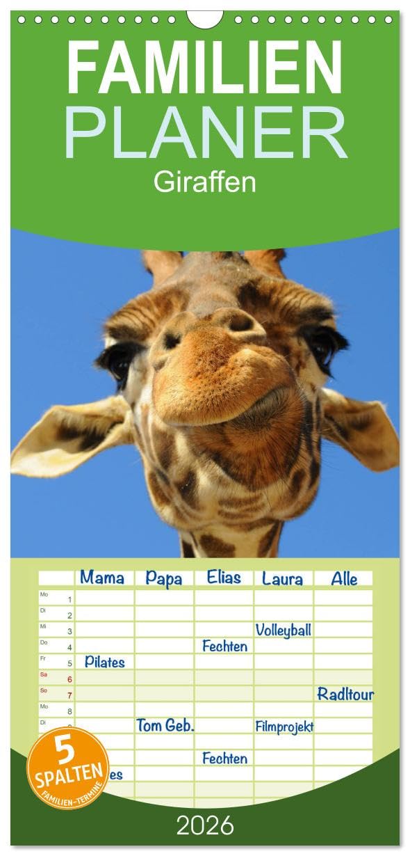 Familienplaner 2026 - Giraffen mit 5 Spalten (Wandkalender, 21 cm x 45 cm), CALVENDO Living & Furnishing