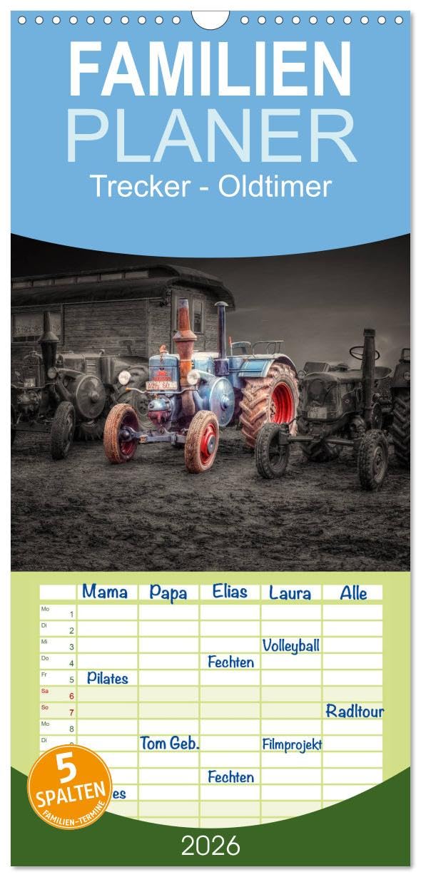 Familienplaner 2026 - Trecker - Oldtimer mit 5 Spalten (Wandkalender, 21 cm x 45 cm), CALVENDO Photography