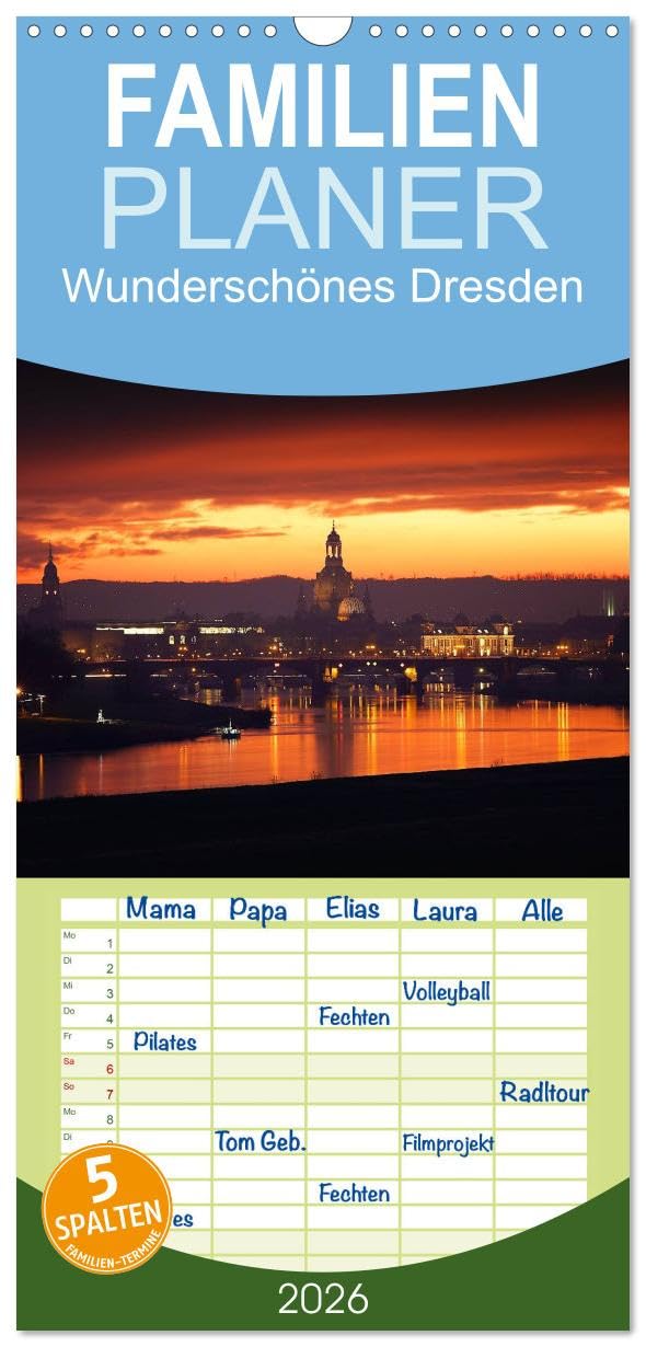 Familienplaner 2026 - Wunderschönes Dresden mit 5 Spalten (Wandkalender, 21 cm x 45 cm), CALVENDO Leisure, Home & Garden