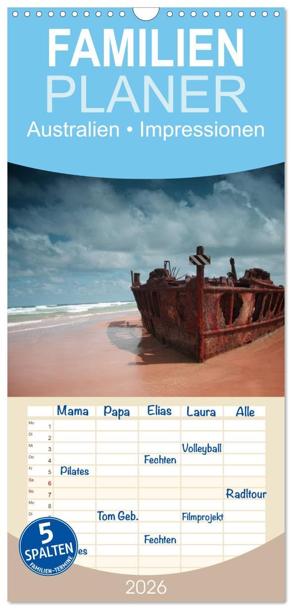 Familienplaner 2026 - Australien • Impressionen mit 5 Spalten (Wandkalender, 21 cm x 45 cm), CALVENDO Living & Furnishing