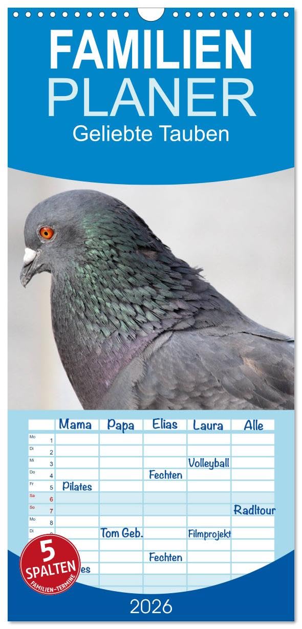 Familienplaner 2026 - Geliebte Tauben mit 5 Spalten (Wandkalender, 21 cm x 45 cm), CALVENDO Natural Sciences
