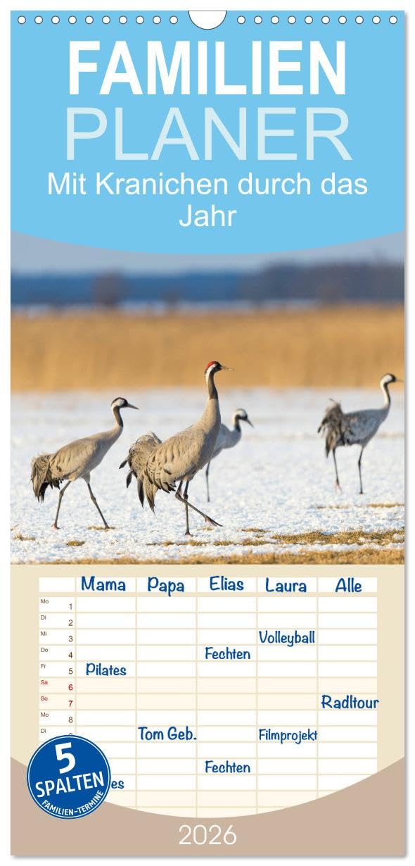 Familienplaner 2026 - Mit Kranichen durch das Jahr mit 5 Spalten (Wandkalender, 21 cm x 45 cm), CALVENDO Natural Sciences