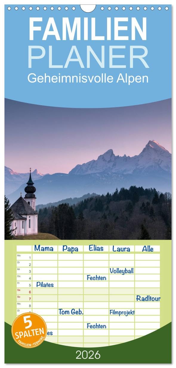 Familienplaner 2026 - Geheimnisvolle Alpen mit 5 Spalten (Wandkalender, 21 cm x 45 cm), CALVENDO Leisure, Home & Garden