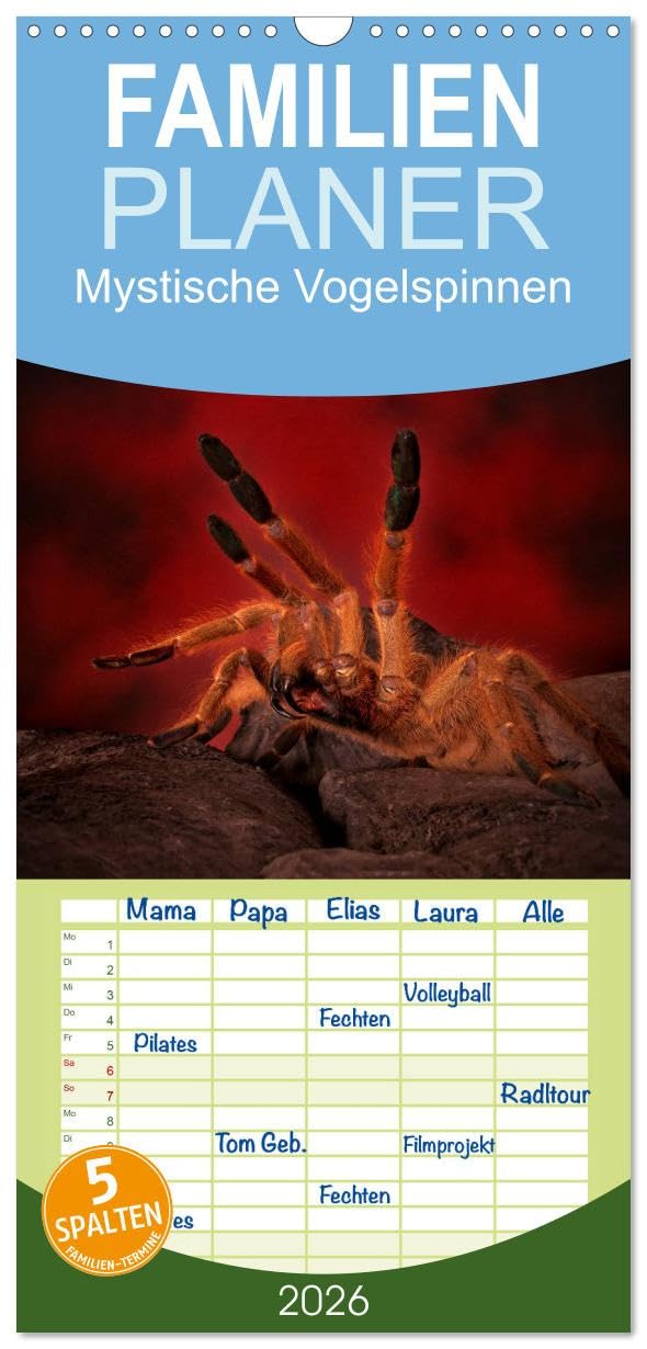 Familienplaner 2026 - Mystische Vogelspinnen mit 5 Spalten (Wandkalender, 21 cm x 45 cm), CALVENDO Horror & Mystery