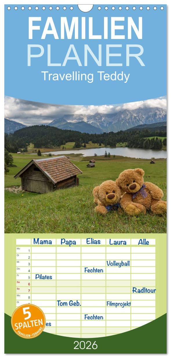 Familienplaner 2026 - Travelling Teddy mit 5 Spalten (Wandkalender, 21 cm x 45 cm), CALVENDO Social Sciences