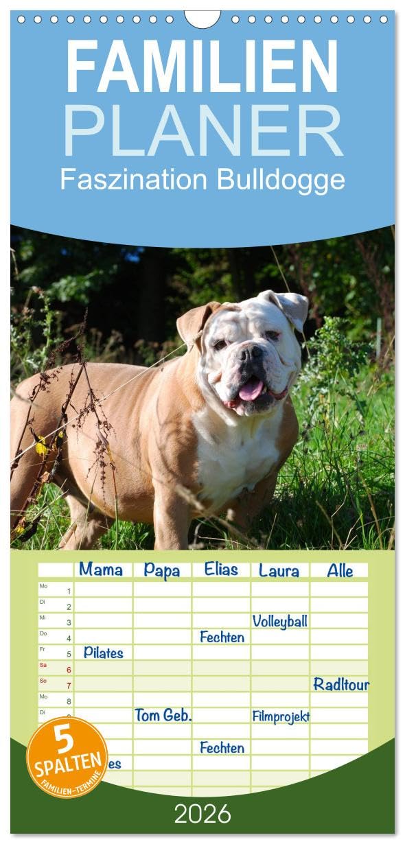 Familienplaner 2026 - Faszination Bulldogge mit 5 Spalten (Wandkalender, 21 cm x 45 cm), CALVENDO Living & Furnishing
