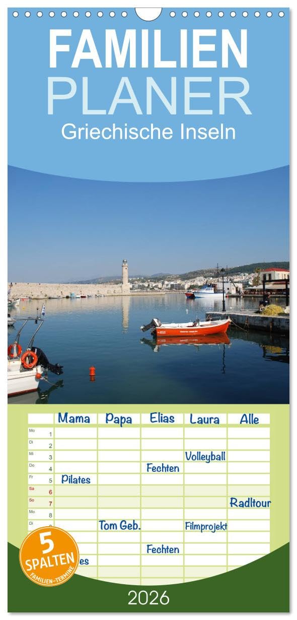 Familienplaner 2026 - Griechische Inseln mit 5 Spalten (Wandkalender, 21 cm x 45 cm), CALVENDO Leisure, Home & Garden