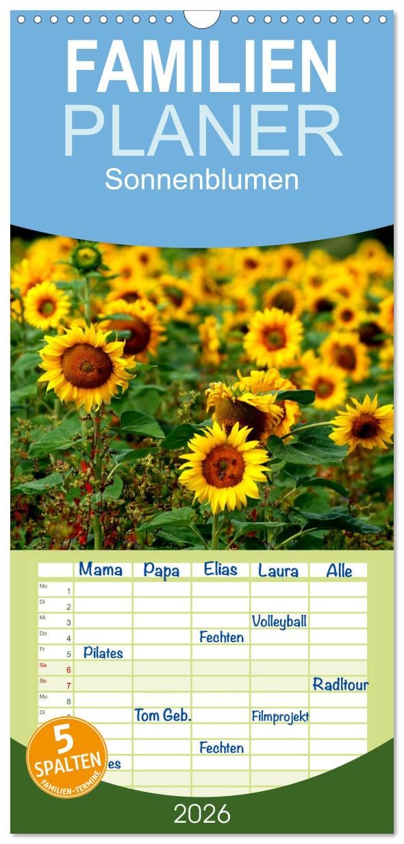 Familienplaner 2026 - Sonnenblumen mit 5 Spalten (Wandkalender, 21 cm x 45 cm), CALVENDO Leisure, Home & Garden