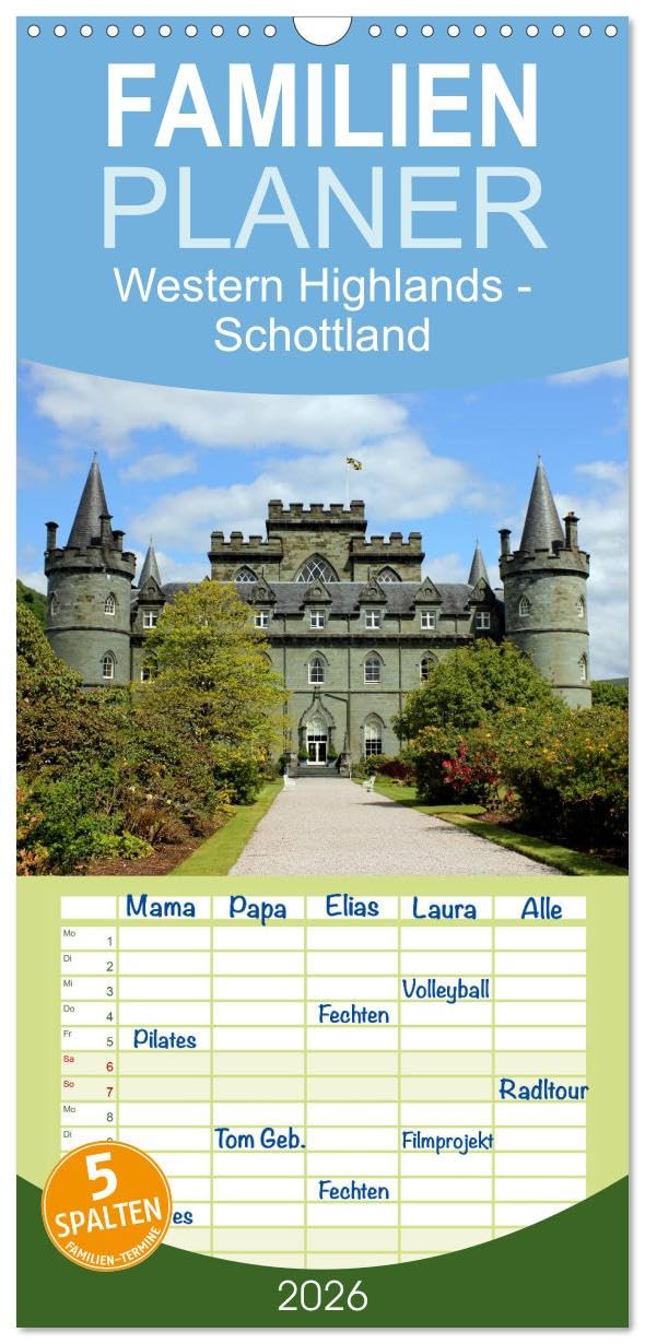Familienplaner 2026 - Western Highlands - Schottland mit 5 Spalten (Wandkalender, 21 cm x 45 cm), CALVENDO Leisure, Home & Garden