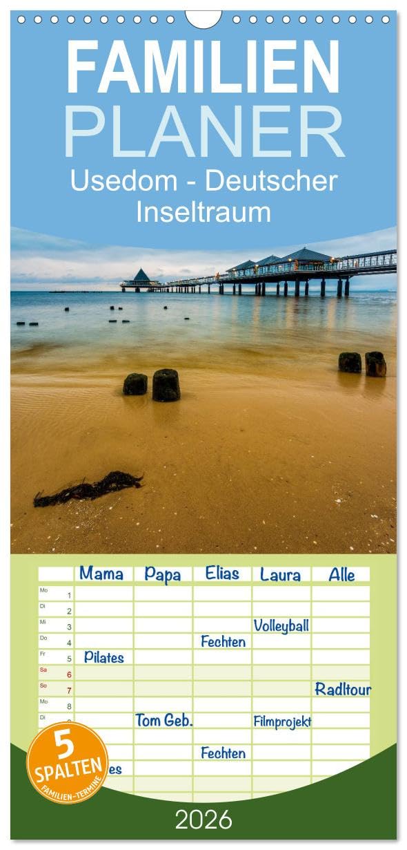 Familienplaner 2026 - Usedom - Deutscher Inseltraum mit 5 Spalten (Wandkalender, 21 cm x 45 cm), CALVENDO Calendars