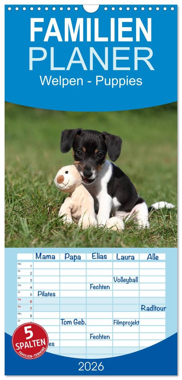 Familienplaner 2026 - Welpen - Puppies mit 5 Spalten (Wandkalender, 21 cm x 45 cm), CALVENDO Living & Furnishing
