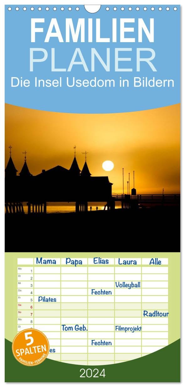 Familienplaner 2026 - Die Insel Usedom in Bildern mit 5 Spalten (Wandkalender, 21 cm x 45 cm), CALVENDO Leisure, Home & Garden