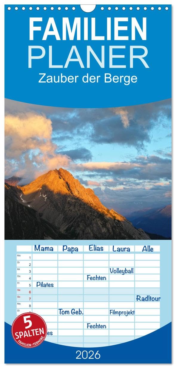 Familienplaner 2026 - Zauber der Berge mit 5 Spalten (Wandkalender, 21 cm x 45 cm), CALVENDO Leisure, Home & Garden