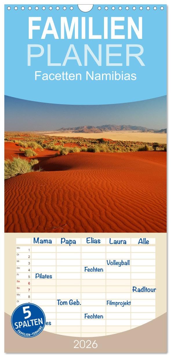Familienplaner 2026 - Facetten Namibias mit 5 Spalten (Wandkalender, 21 cm x 45 cm), CALVENDO Natural Sciences