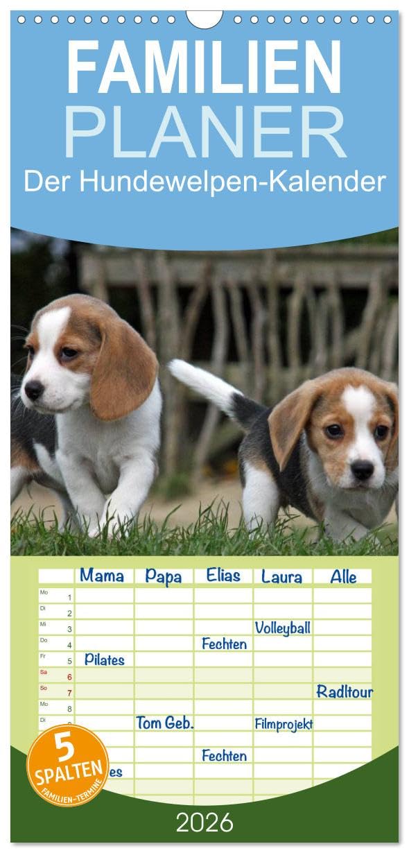 Familienplaner 2026 - Der Hundewelpen-Geburtstagskalender mit 5 Spalten (Wandkalender, 21 cm x 45 cm), CALVENDO Natural Sciences