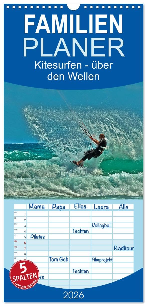 Familienplaner 2026 - Kitesurfen - über den Wellen mit 5 Spalten (Wandkalender, 21 cm x 45 cm), CALVENDO Film, Art & Culture