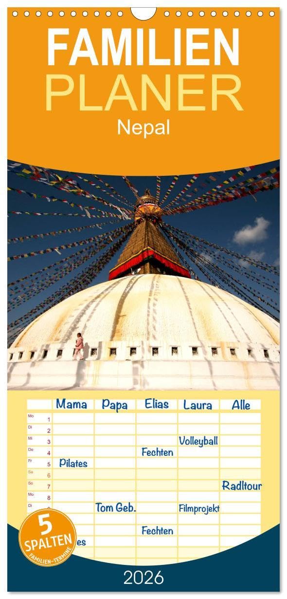 Familienplaner 2026 - Nepal mit 5 Spalten (Wandkalender, 21 x 45 cm) CALVENDO: 13 traumhafte Reisefotos aus dem buddhistischen ehemaligen Königreich im Himalaya. (CALVENDO Orte) Leisure, Home & Garden