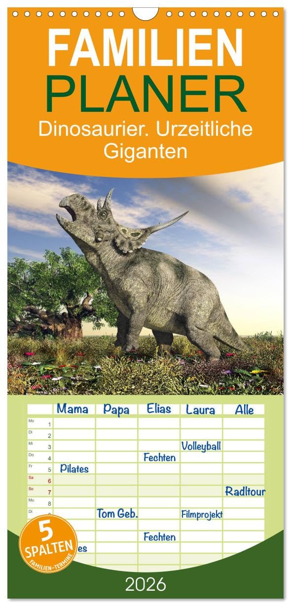 Familienplaner 2026 - Dinosaurier. Urzeitliche Giganten mit 5 Spalten (Wandkalender, 21 cm x 45 cm), CALVENDO Living & Furnishing