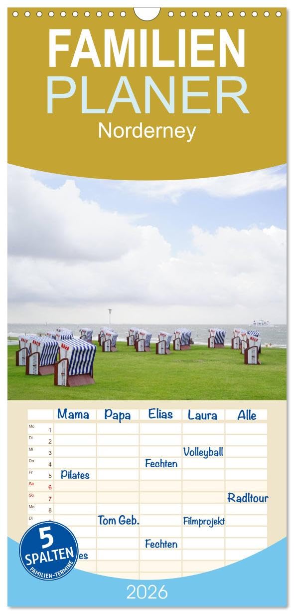 Familienplaner 2026 - Norderney - von barfuß bis Lackschuh mit 5 Spalten (Wandkalender, 21 cm x 45 cm), CALVENDO Leisure, Home & Garden