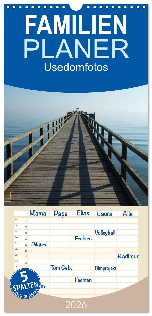 Familienplaner 2026 - Usedomfotos mit 5 Spalten (Wandkalender, 21 cm x 45 cm), CALVENDO Photography