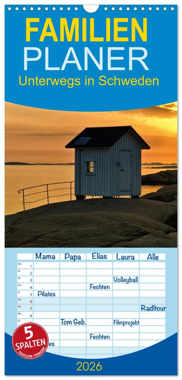 Familienplaner 2026 - Unterwegs in Schweden mit 5 Spalten (Wandkalender, 21 cm x 45 cm), CALVENDO Leisure, Home & Garden