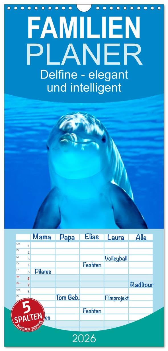 Familienplaner 2026 - Delfine - elegant und intelligent mit 5 Spalten (Wandkalender, 21 cm x 45 cm), CALVENDO Living & Furnishing