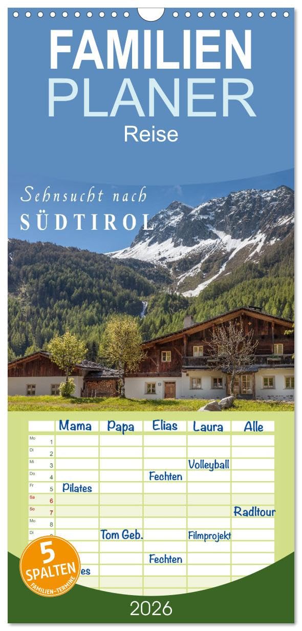 Familienplaner 2026 - Sehnsucht nach Südtirol mit 5 Spalten (Wandkalender, 21 cm x 45 cm), CALVENDO Film, Art & Culture
