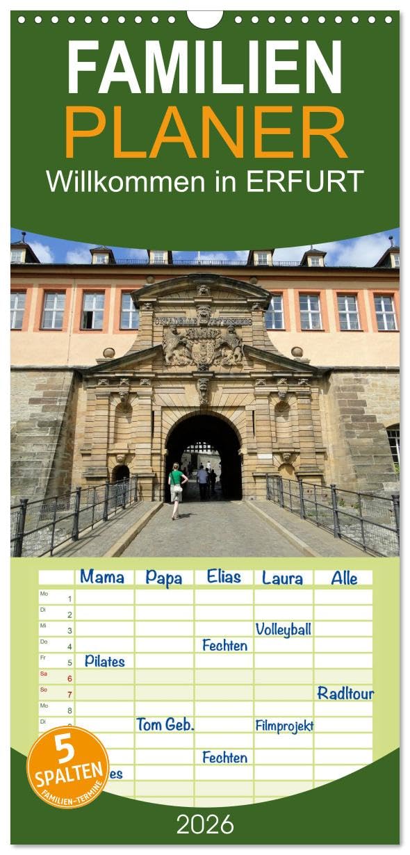 Familienplaner 2026 - Willkommen in ERFURT mit 5 Spalten (Wandkalender, 21 cm x 45 cm), CALVENDO Calendars
