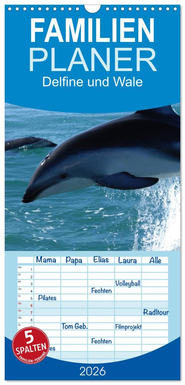 Familienplaner 2026 - Delfine und Wale mit 5 Spalten (Wandkalender, 21 cm x 45 cm), CALVENDO Living & Furnishing