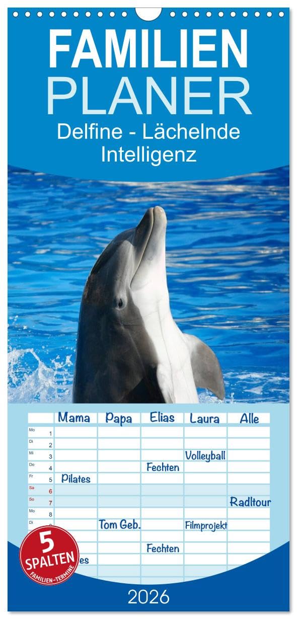 Familienplaner 2026 - Delfine - Lächelnde Intelligenz mit 5 Spalten (Wandkalender, 21 cm x 45 cm), CALVENDO Living & Furnishing